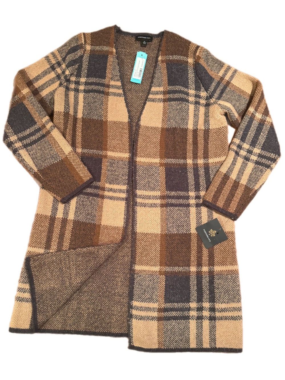 Fortune + Ivy Long Sleeve Cardigan Sweater Brown Plaid Women’s Size M NWT